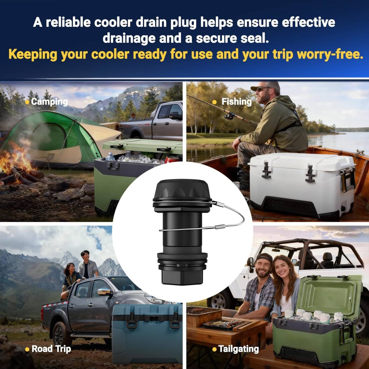 Black cooler drain plug replacement with tether cable and protective cap