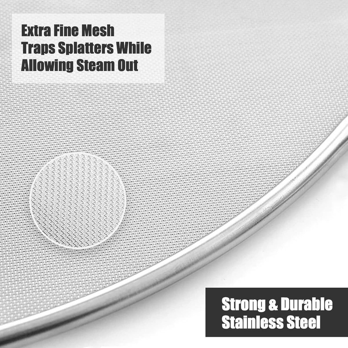 Extra fine mesh stainless splatter screen with brushed rim and cornerless round frame