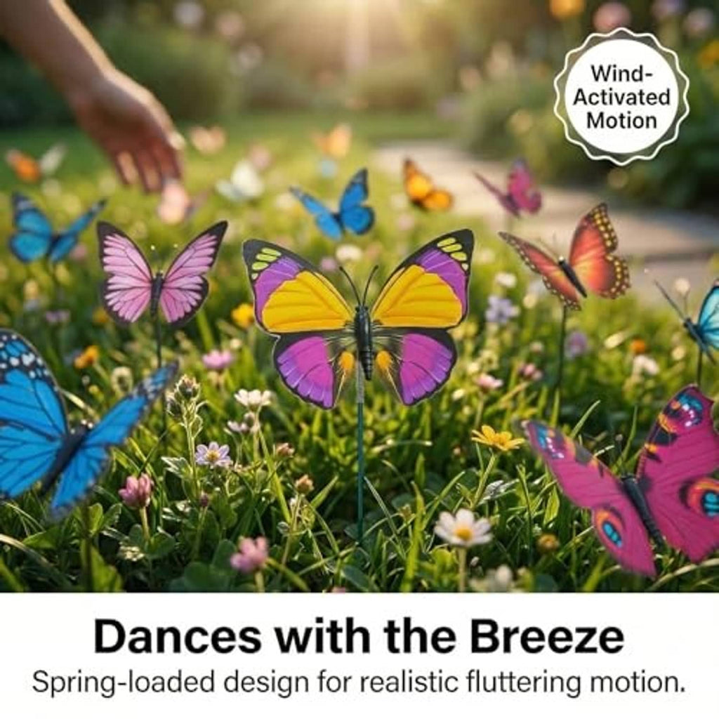 Colorful butterfly garden stakes on flowers and grass with visible multicolored wings