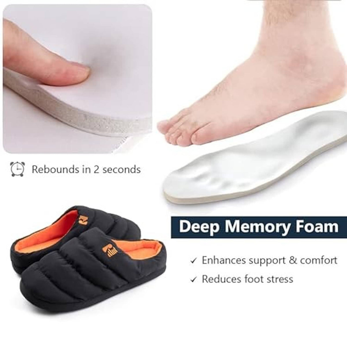 Men's black memory-foam style slippers with orange interior underfoot