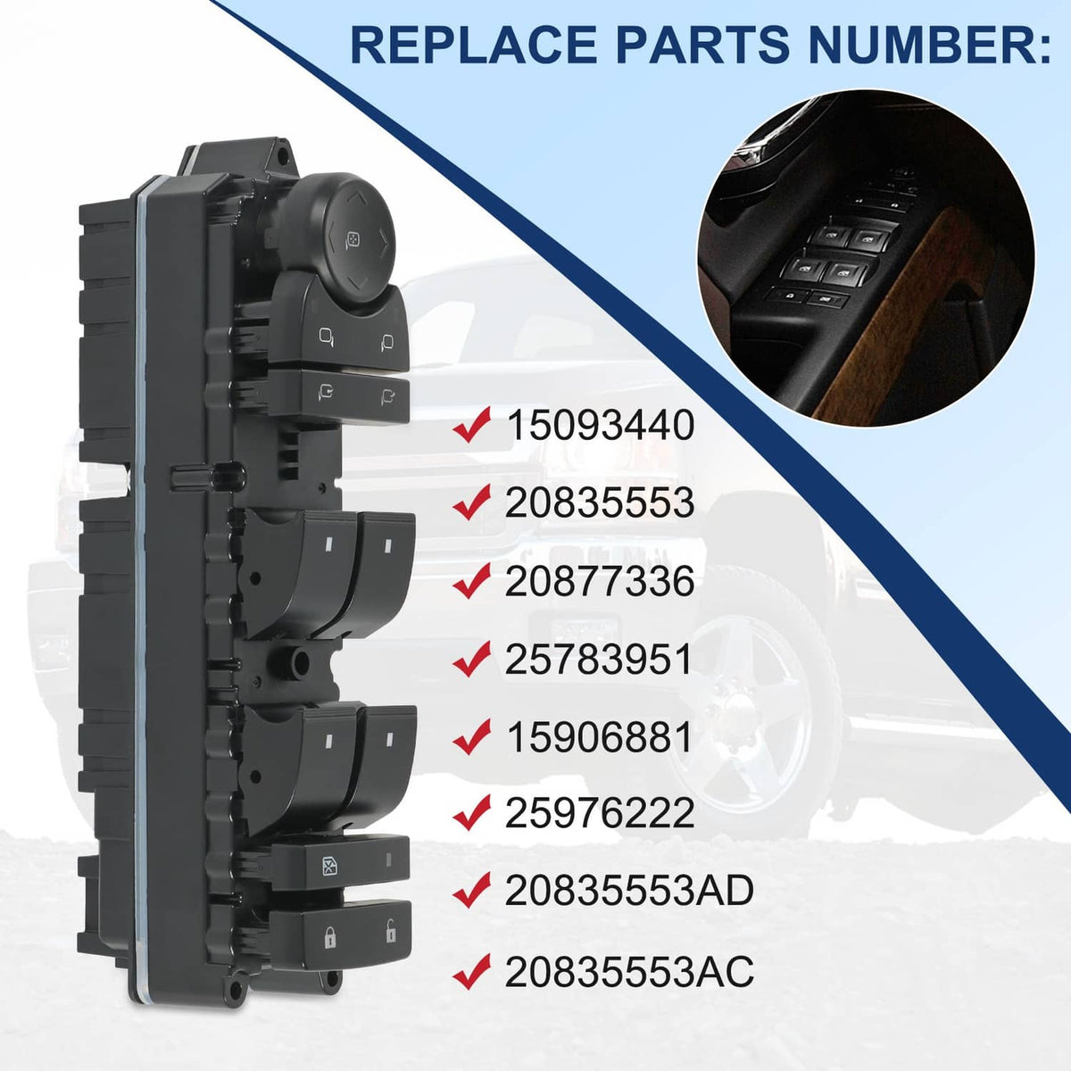 Black driver door window switch panel with control switches and connector mounting back