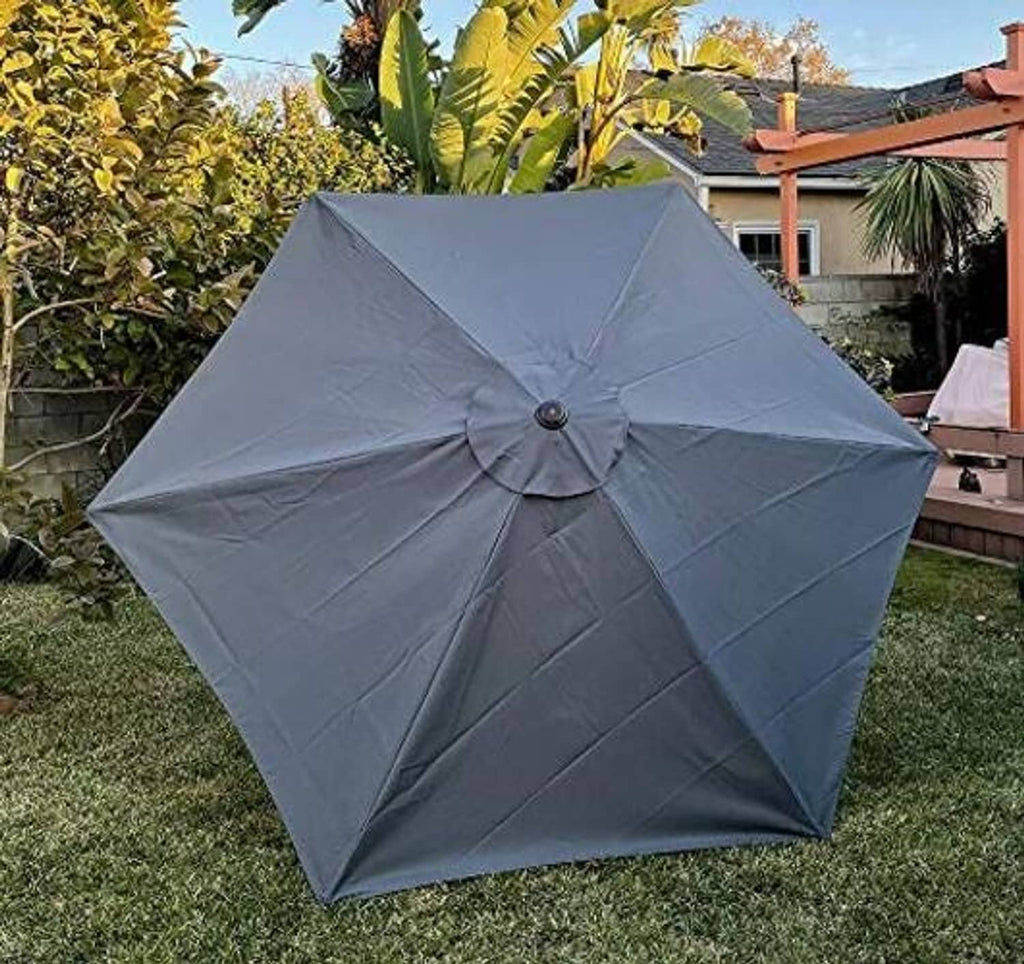 Gray umbrella canopy replacement, wide view with center knob and segmented panels