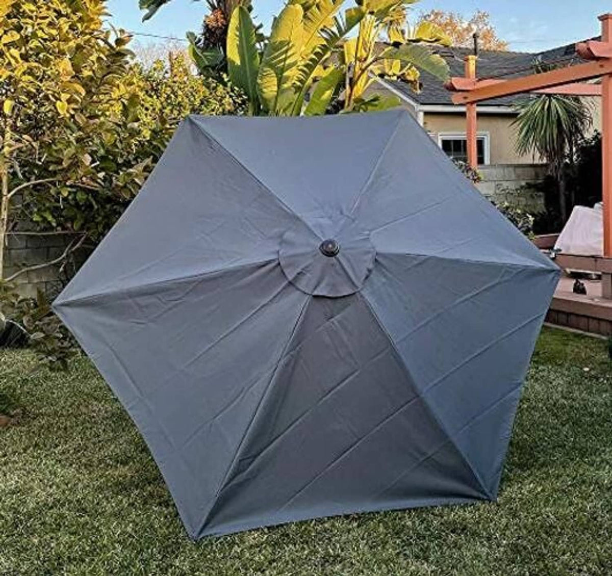 Gray umbrella canopy replacement, wide view with center knob and segmented panels