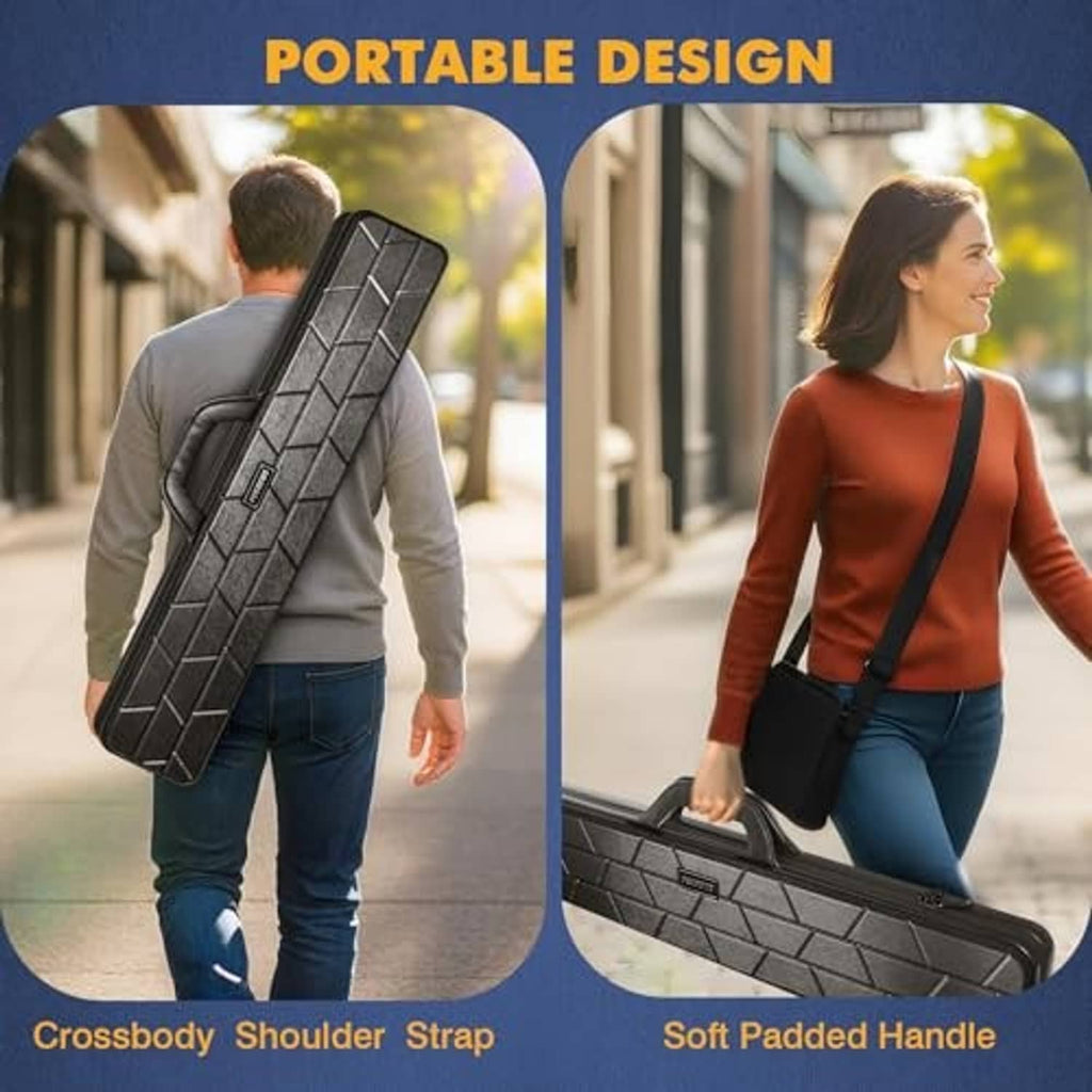 Black hard shell pool cue case carried crossbody with soft padded handle