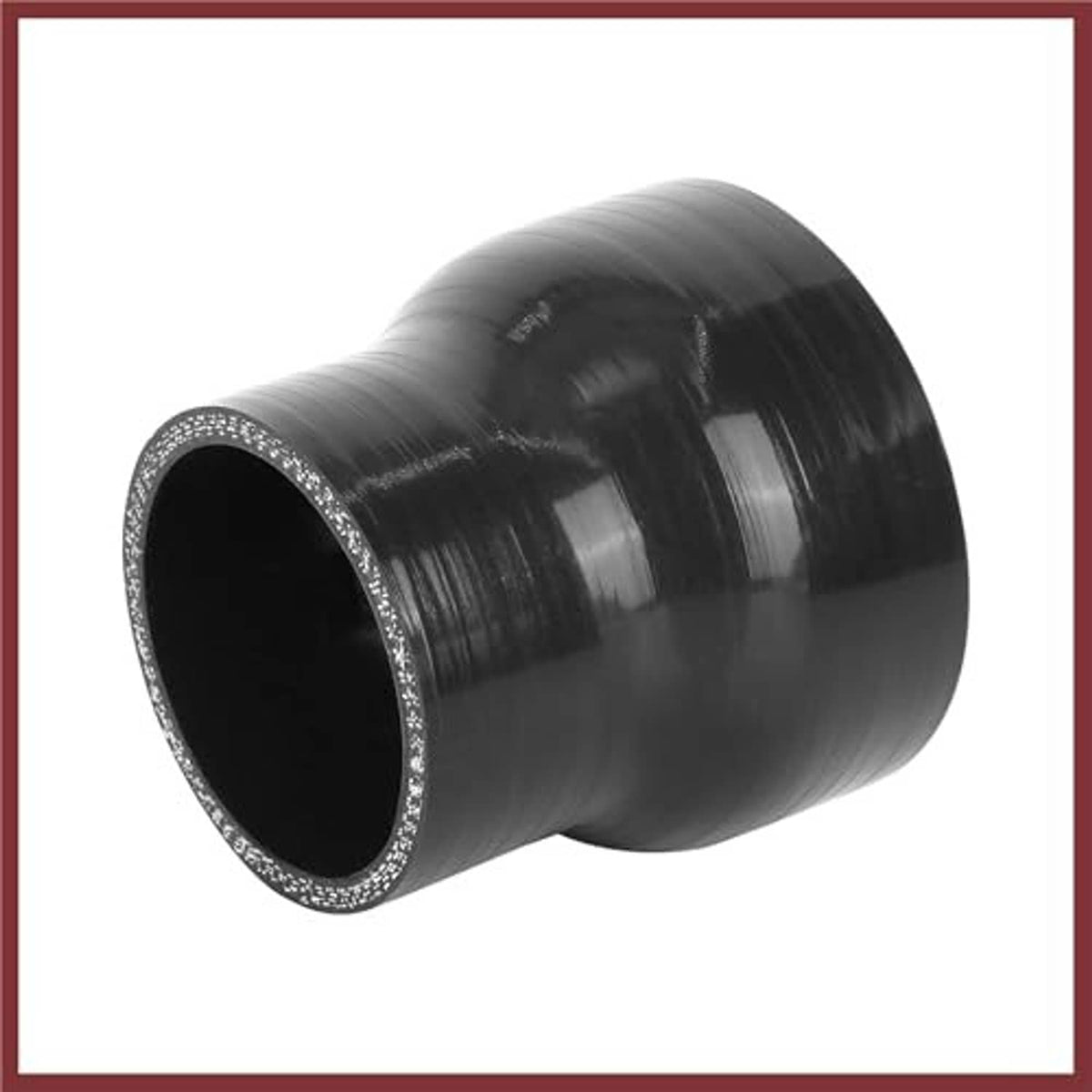 Black silicone reducer hose coupler, side view with glossy surface and textured silver rim