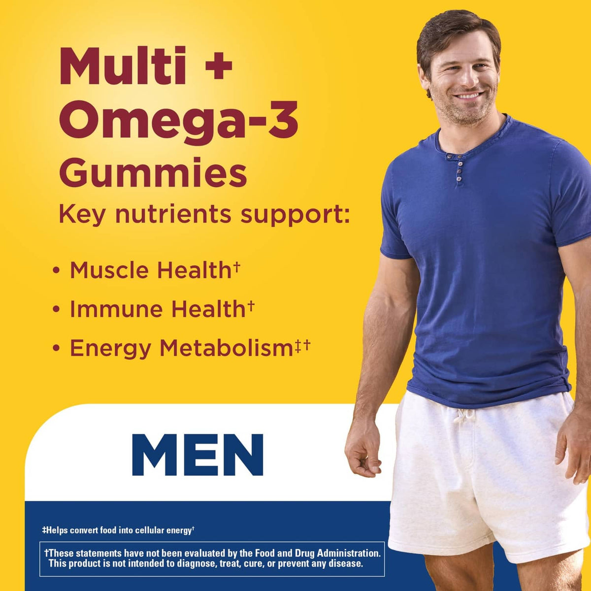 Men’s Multi+Omega-3 gummies label with smiling man in blue shirt and white shorts