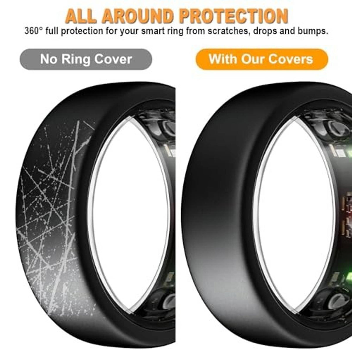 Black smart ring protector cover shown from the side for around-the-ring protection