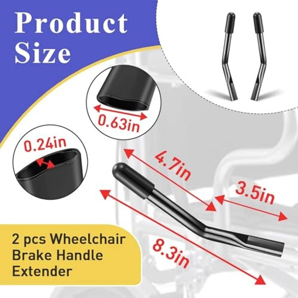 Pair of black wheelchair brake handle extender bars with curved U-shape profile