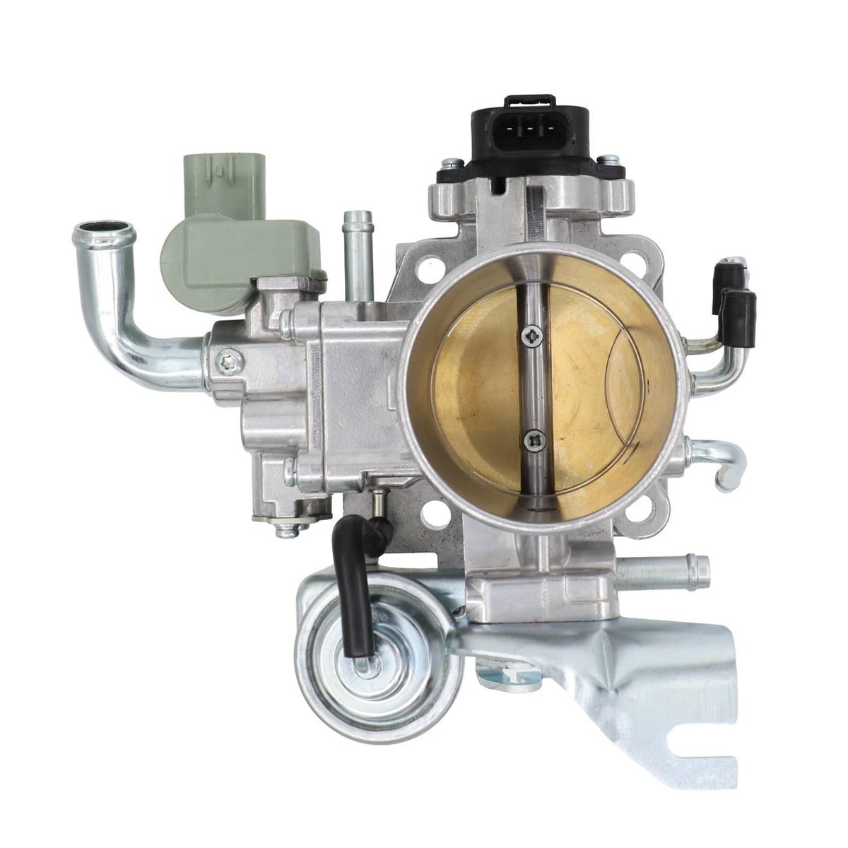 Throttle body with circular throttle bore and metal connectors, wiring plug visible