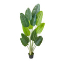 Faux bird of paradise tree with long green leaves in a small black pot
