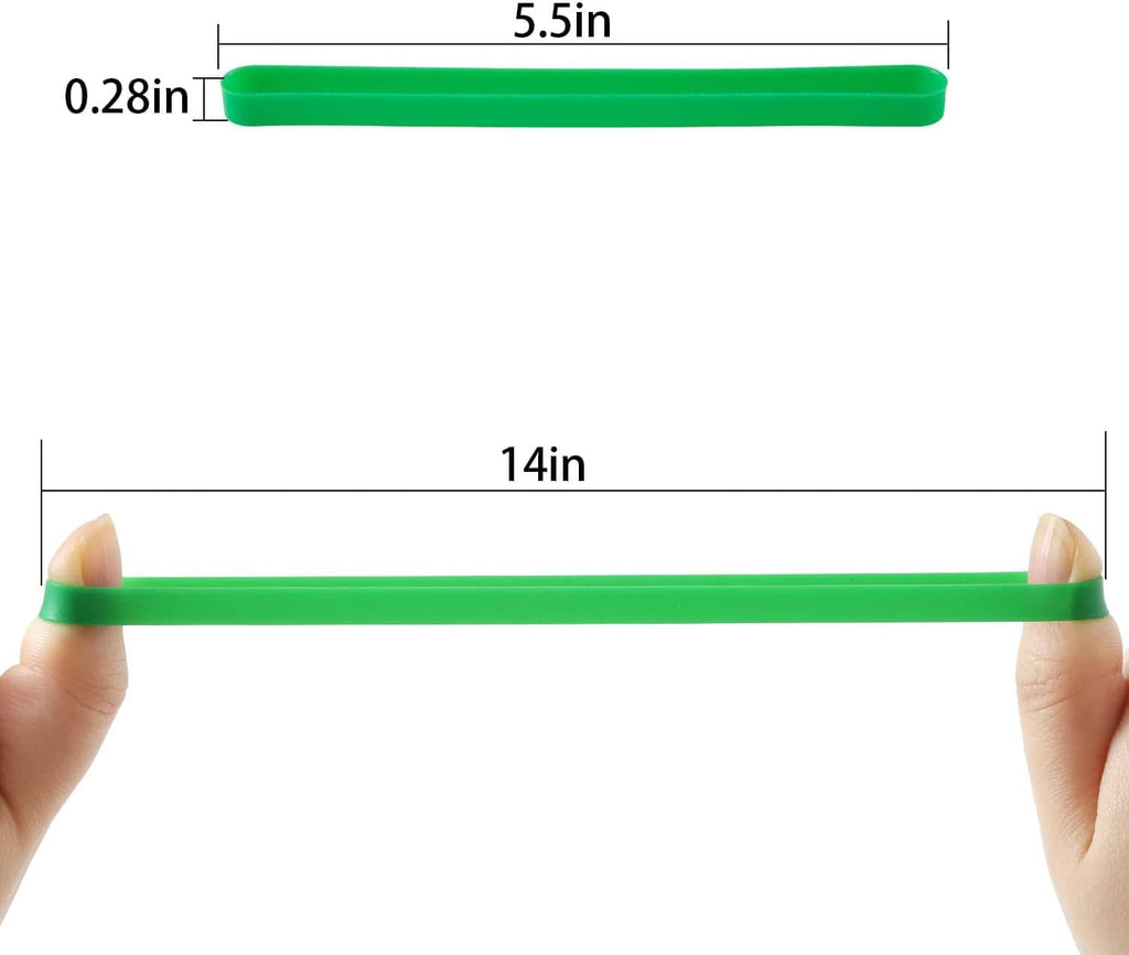 Green silicone elastic band with size labels: 14in length, 5.5in width, 0.28in thickness