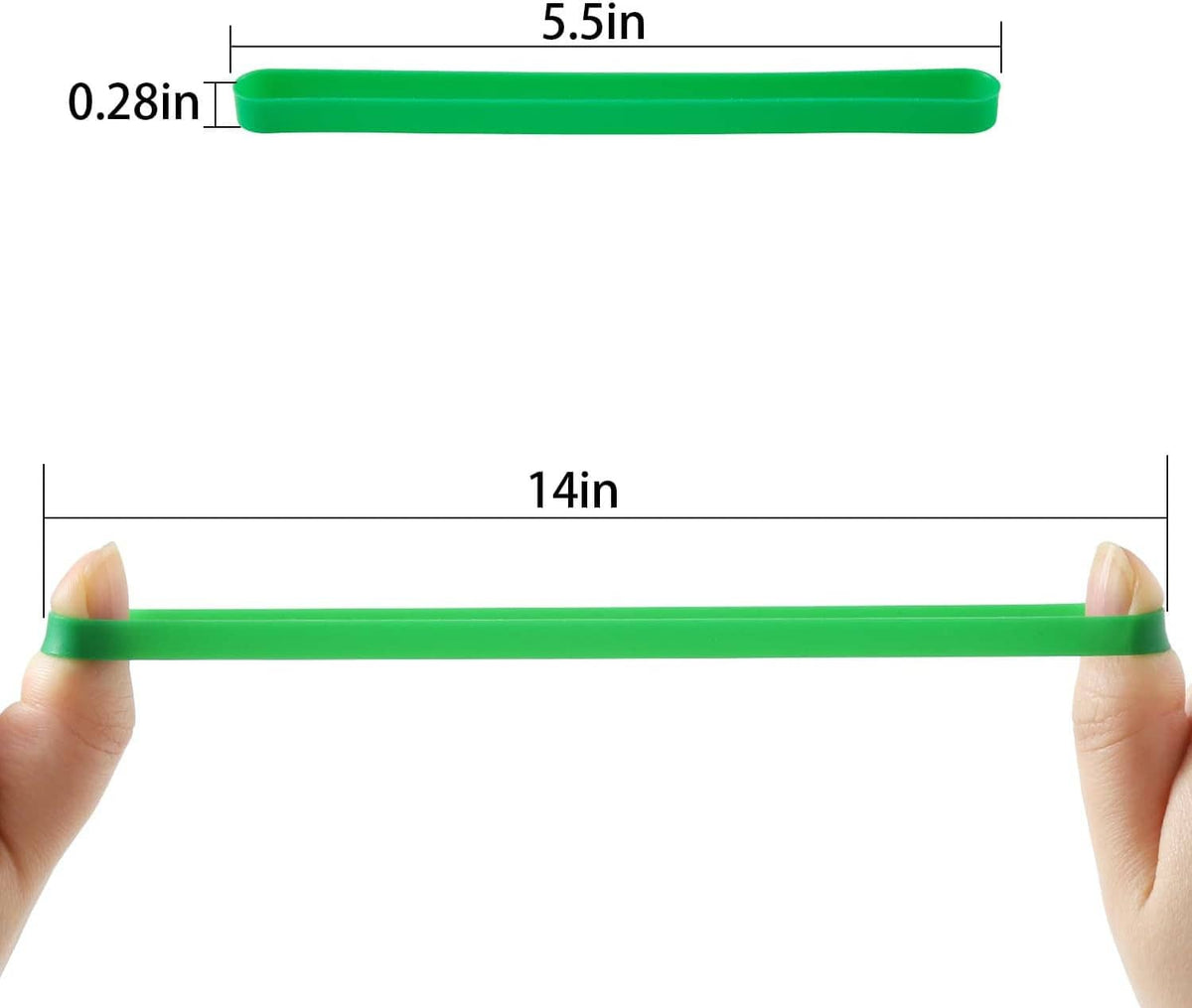 Green silicone elastic band with size labels: 14in length, 5.5in width, 0.28in thickness