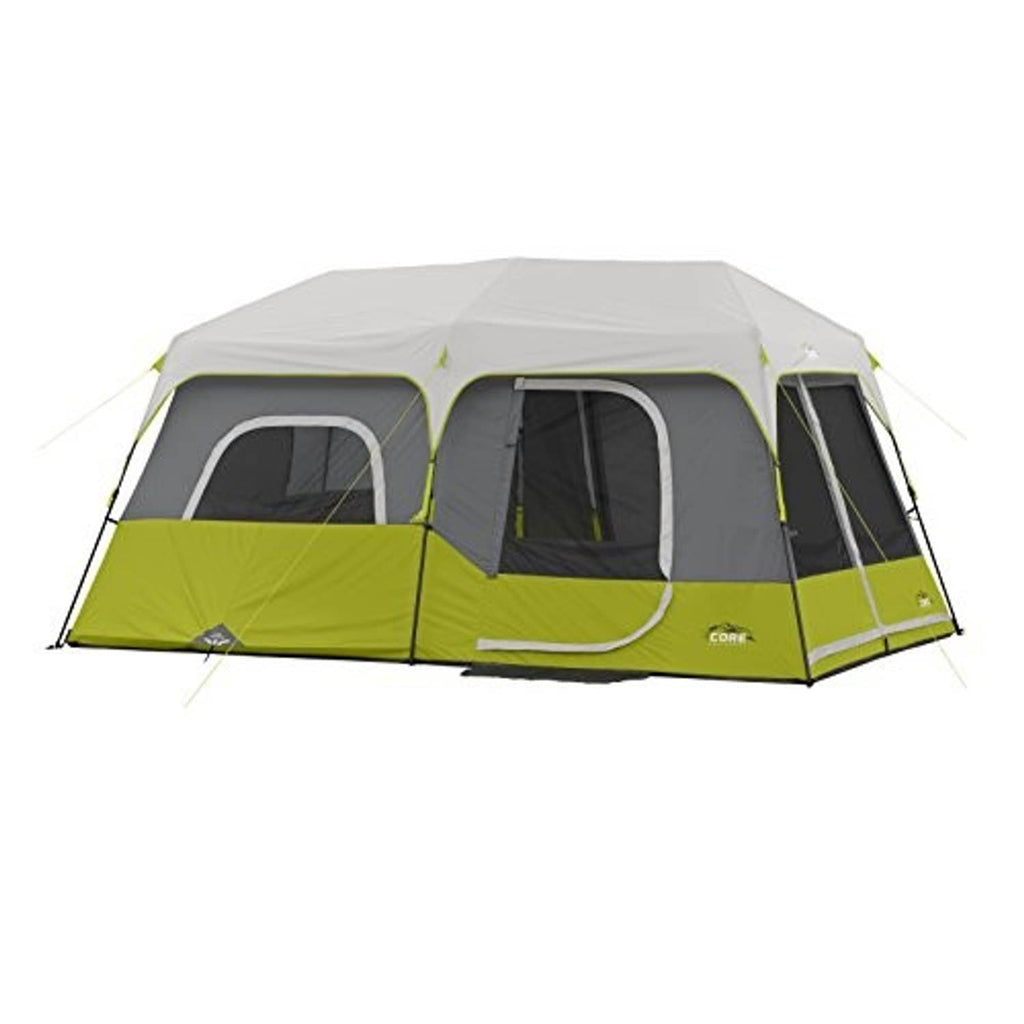 9-person instant cabin tent in green and gray with two front windows and side door