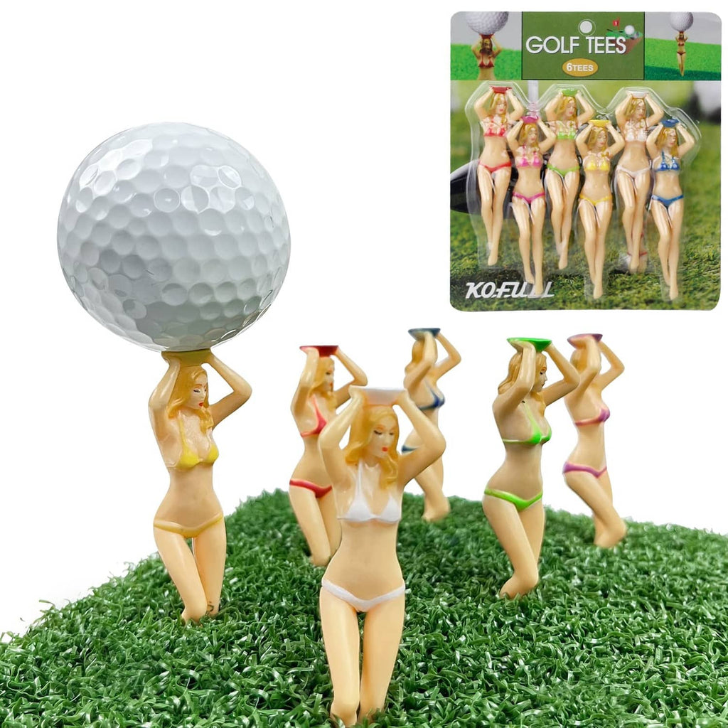 Golf tee set with white ball heads and assorted bikini figurine toppers on turf