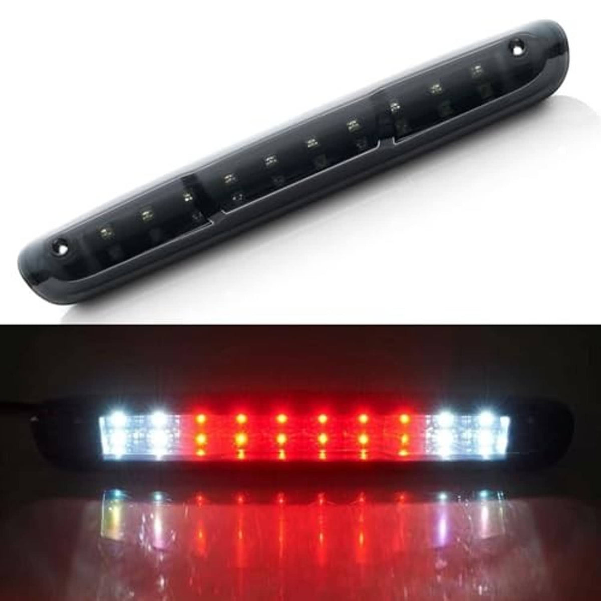 LED high mount stop light showing red center brake illumination with white segments