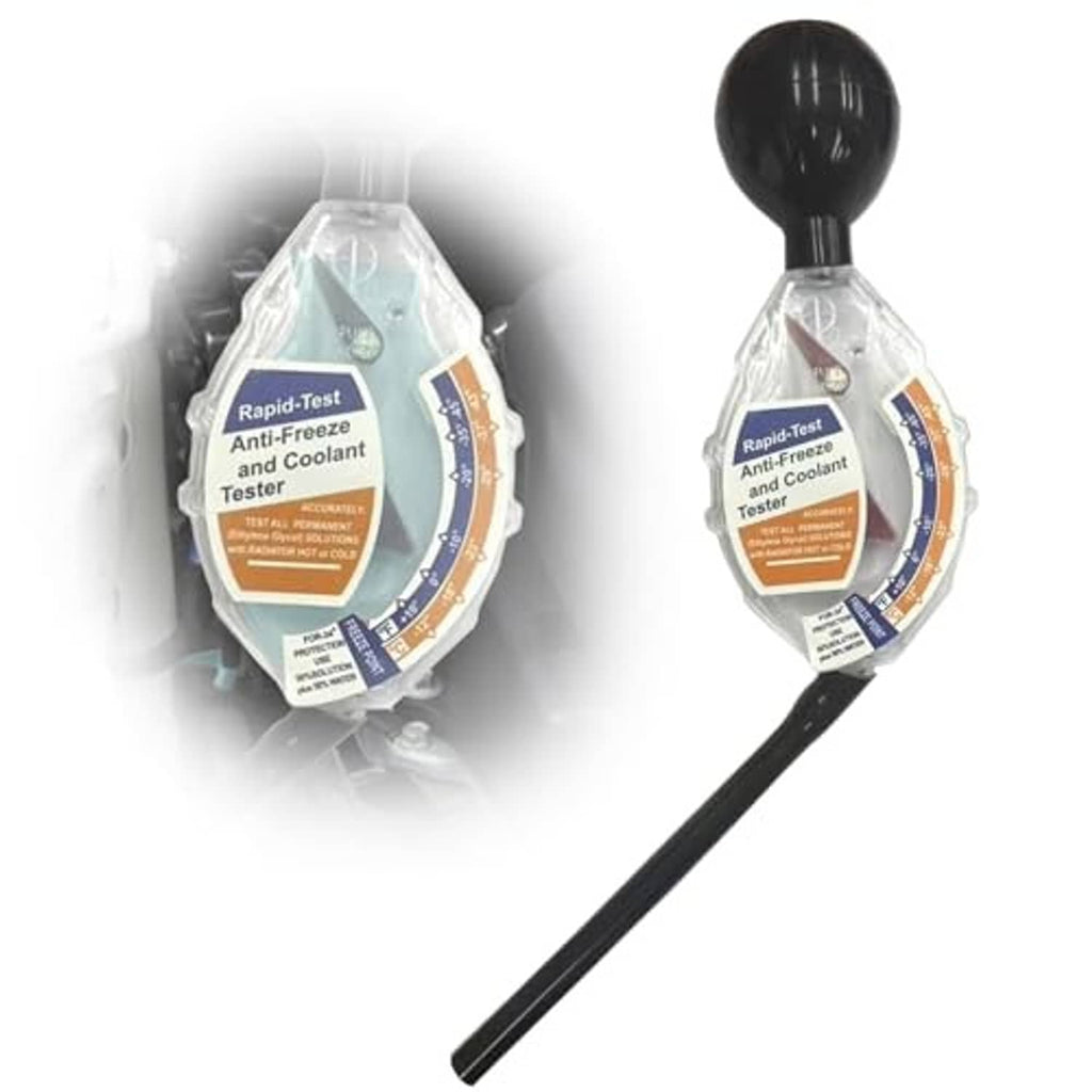 Dial antifreeze coolant tester with black bulb top, clear gauge chamber, and long black tube