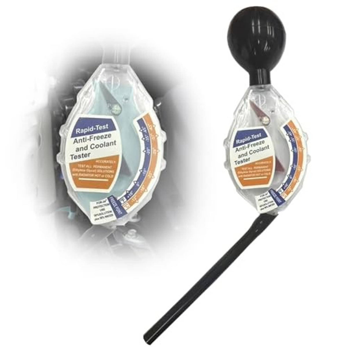 Dial antifreeze coolant tester with black bulb top, clear gauge chamber, and long black tube