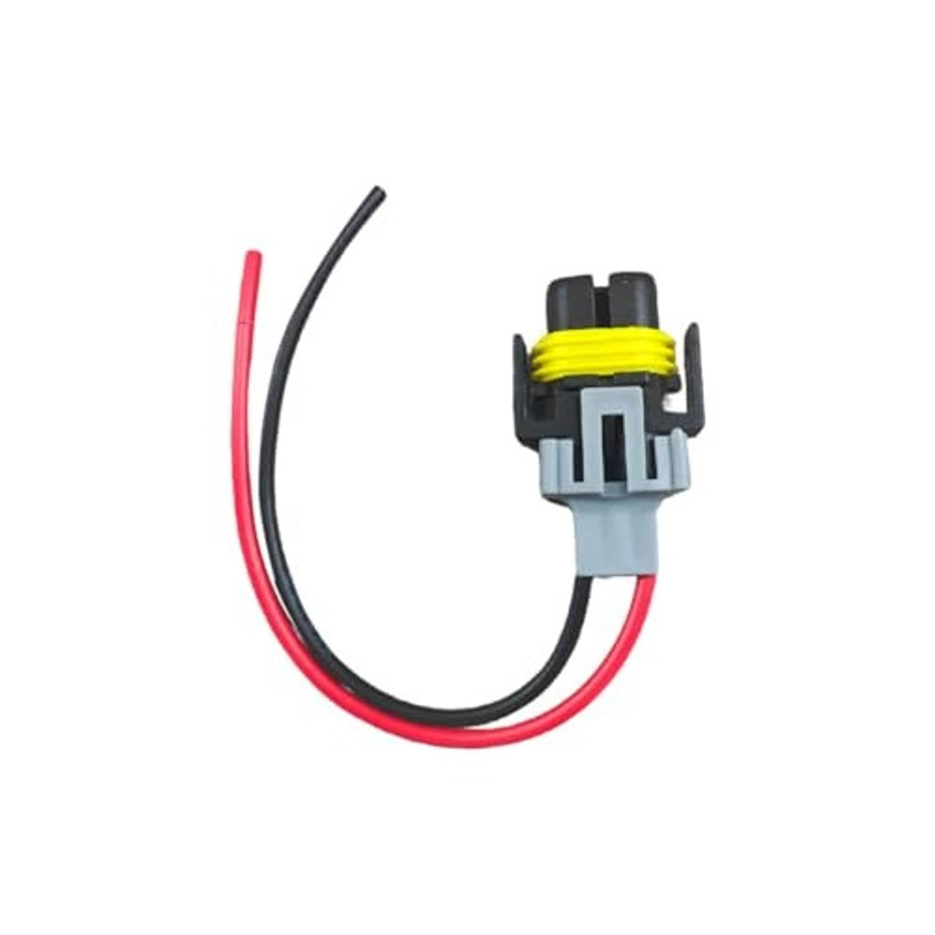 Fog light harness connector with red and black wires, gray housing and yellow retainer