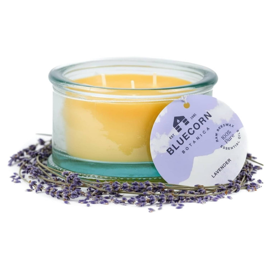 Lavender 3-wick beeswax candle in green glass jar with lid and lavender buds