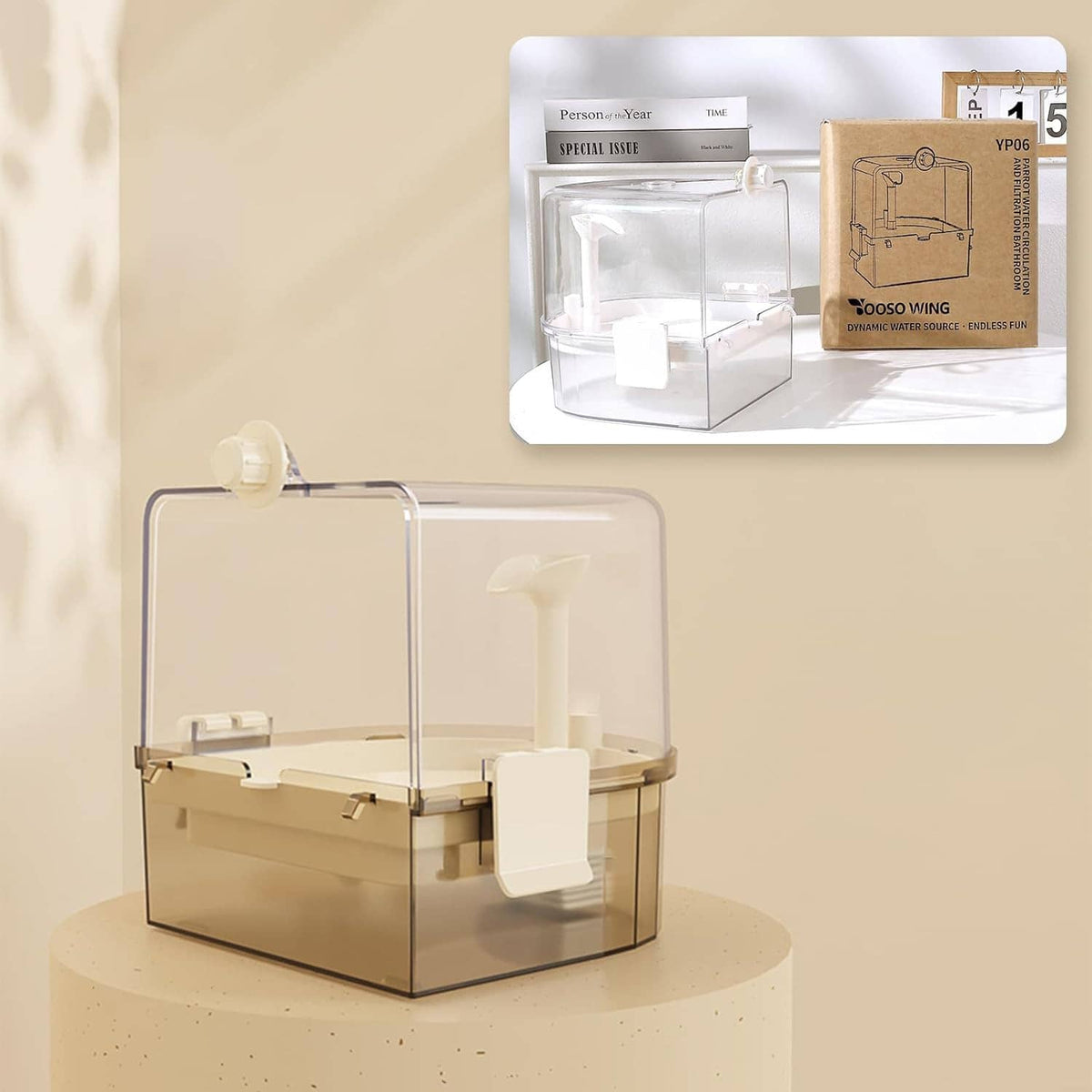 Automatic bird shower bath unit with clear cover and side-mounted pump