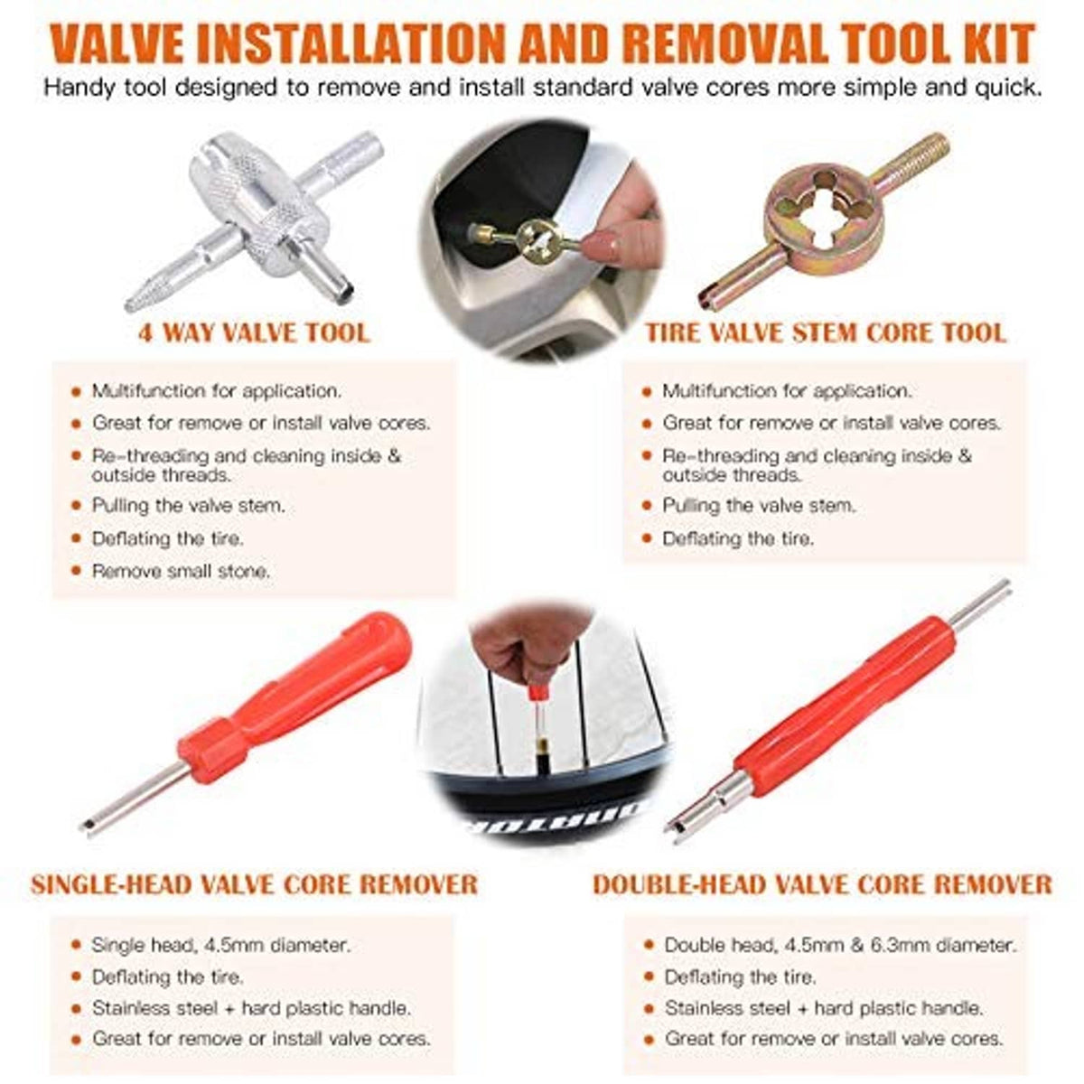 Valve installation and removal tool kit with 4-way and single/double core removers