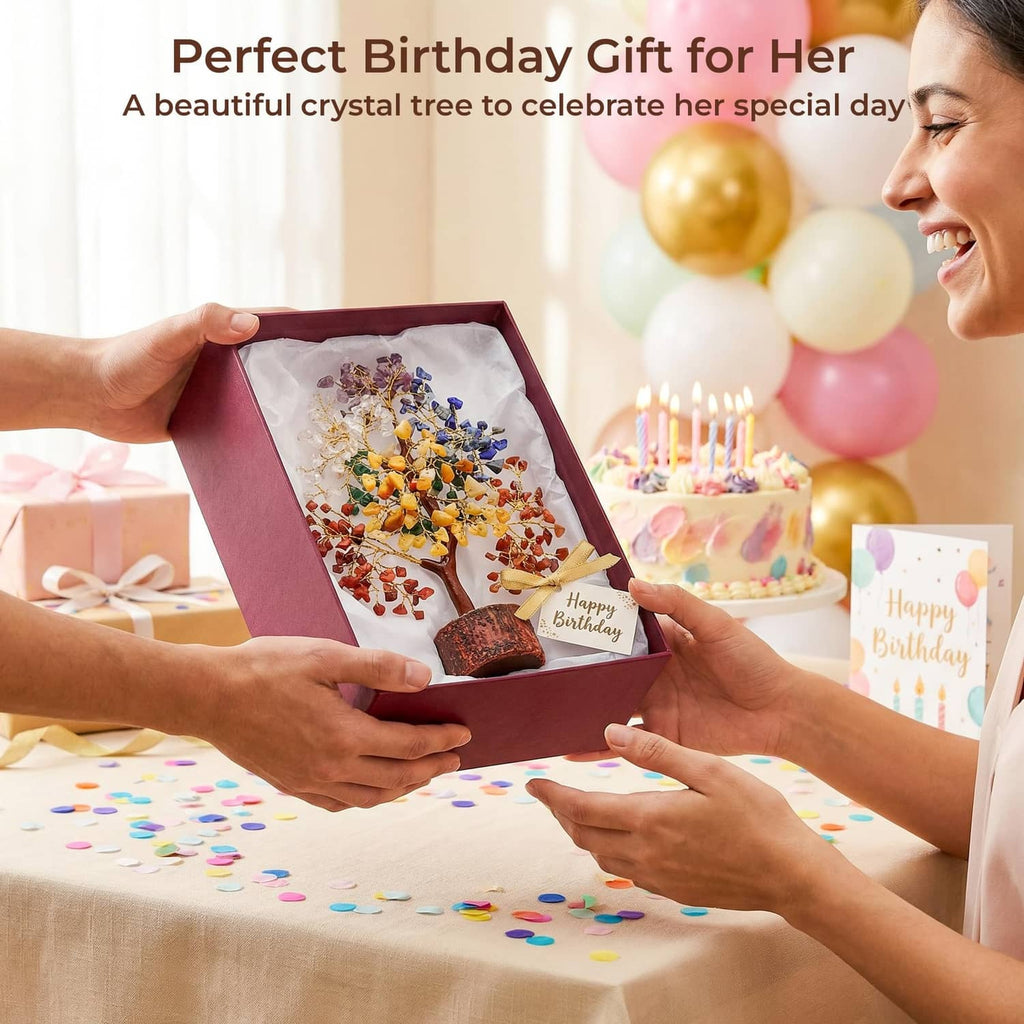 Crystal tree gift in open box with multicolor gemstone branches and wooden base