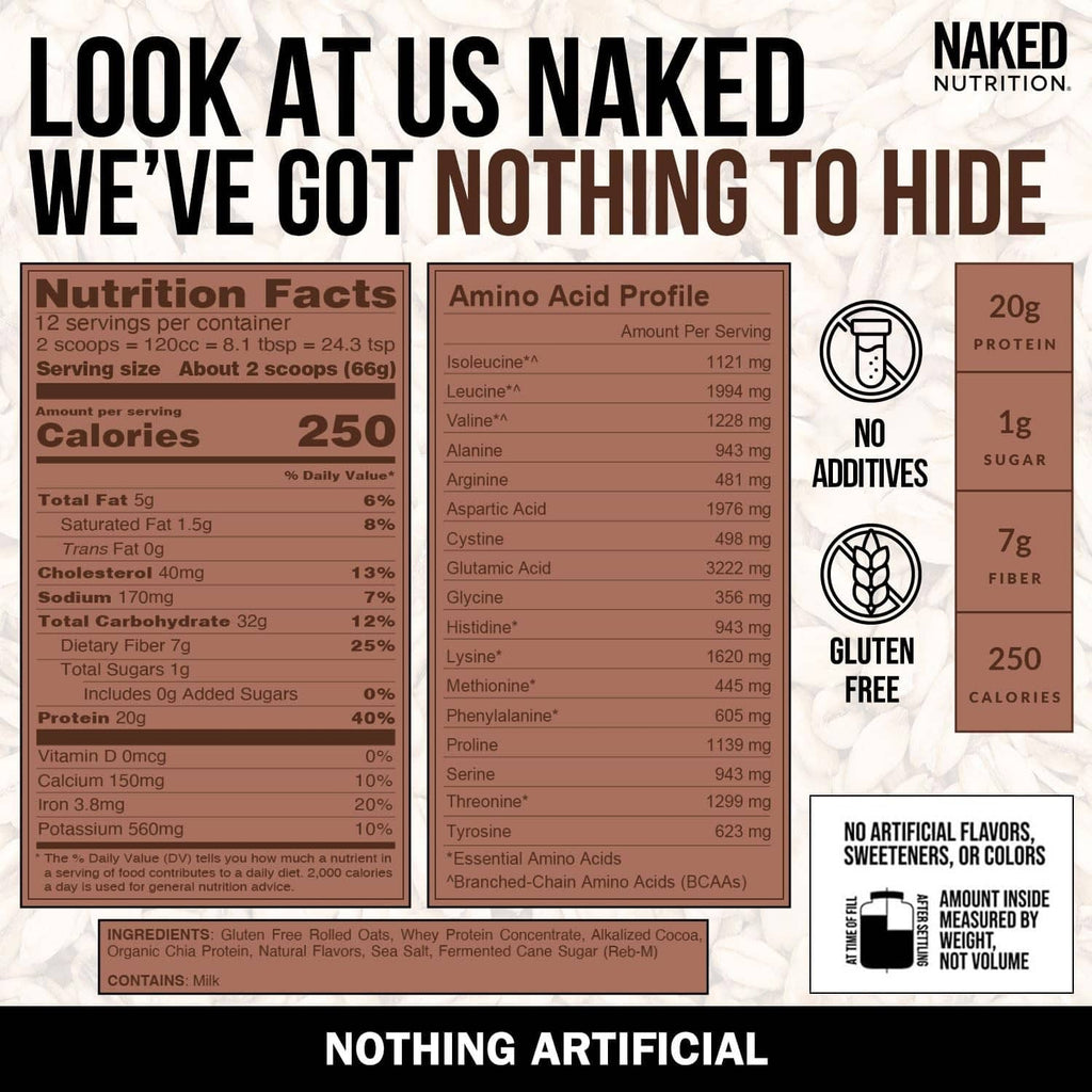 Naked Oats Double Chocolate nutrition facts label panel on product tub