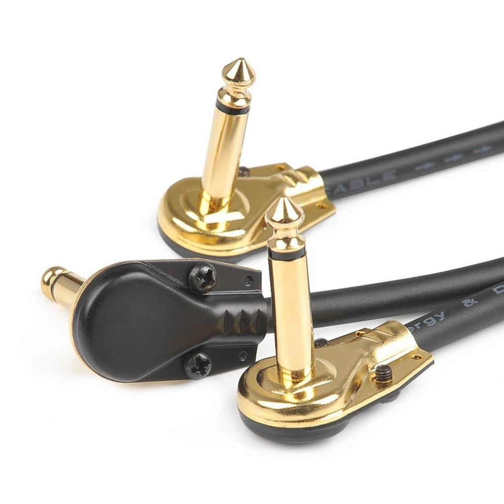 Guitar patch cable splitter end with two gold 1/4 plugs and black housing