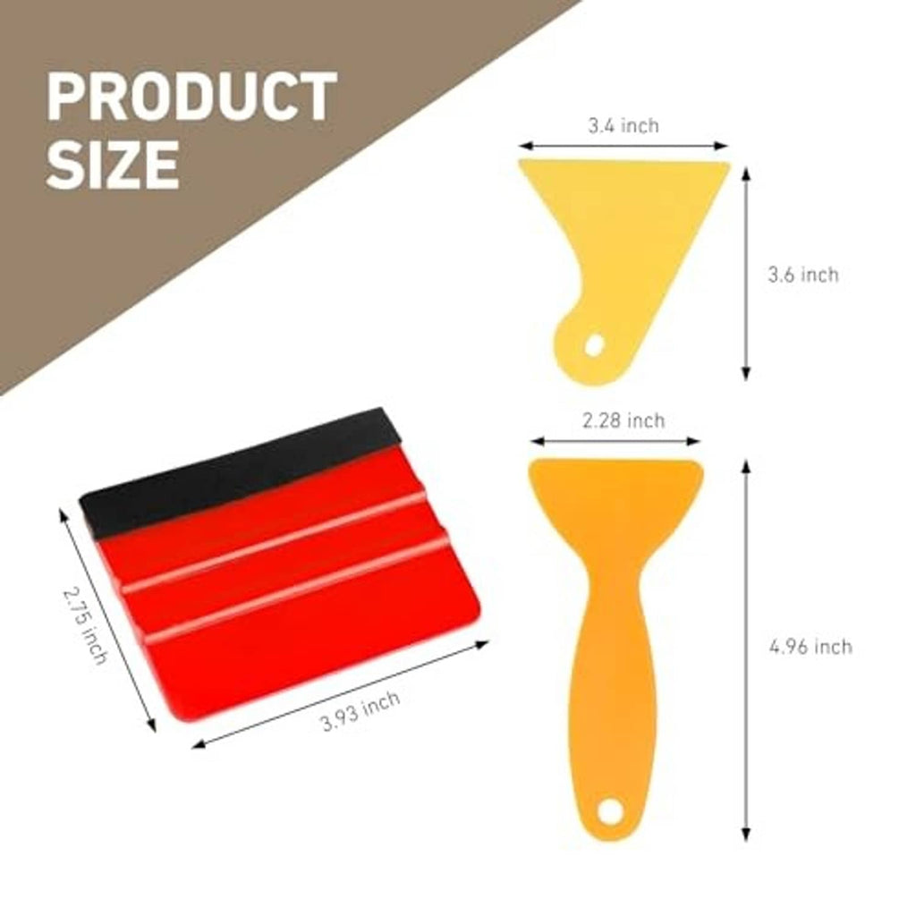Felt edge squeegee tools with red and orange scraper heads and hanging holes