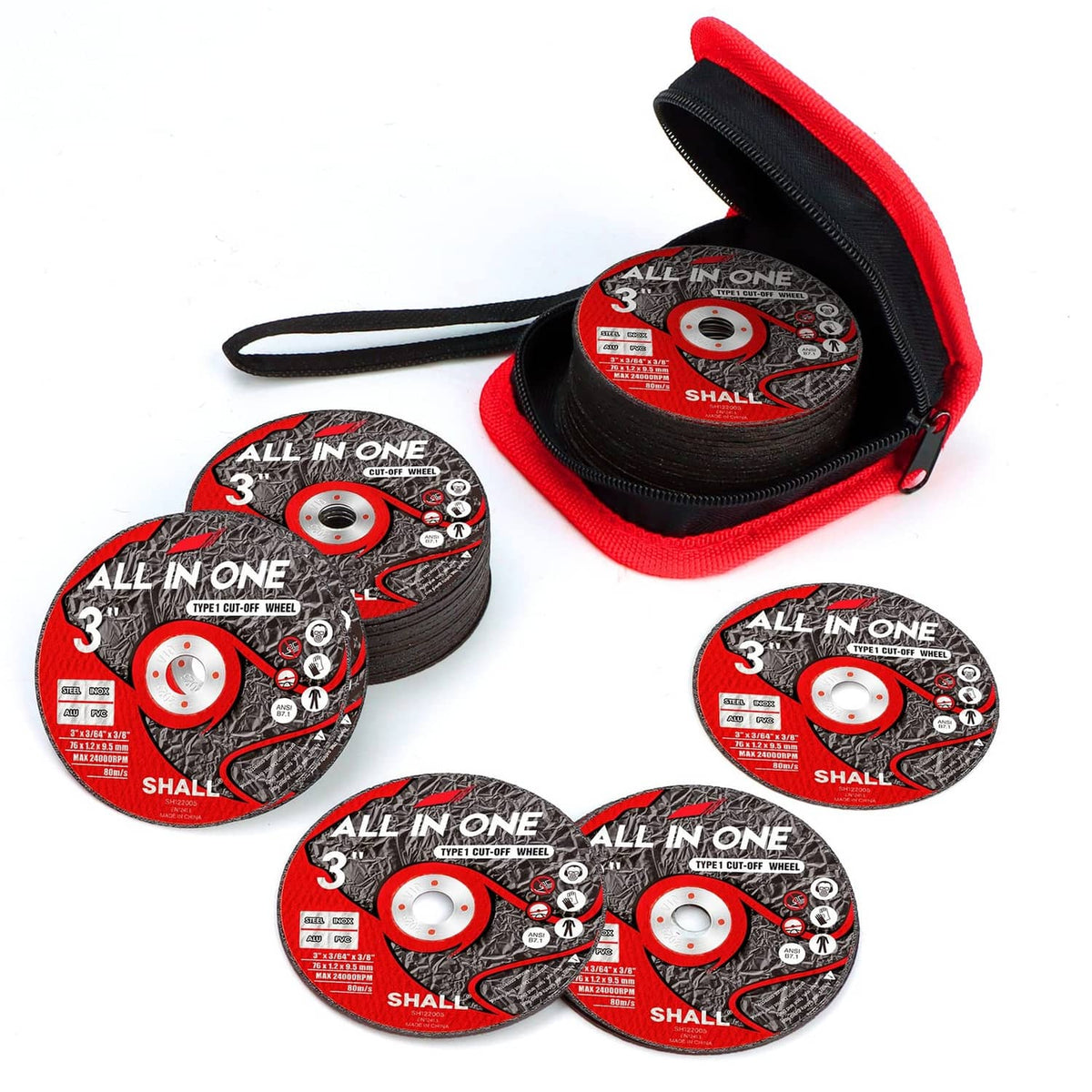 Set of red-and-black ultra-thin cut-off wheels with storage case and strap