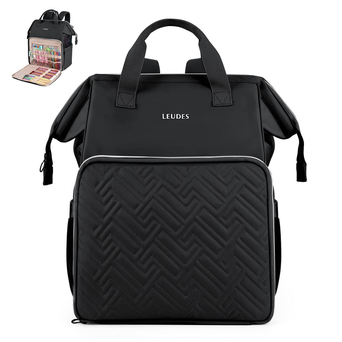 LEUDES black knitting bag backpack with wide-open top, front quilted pocket, and handles