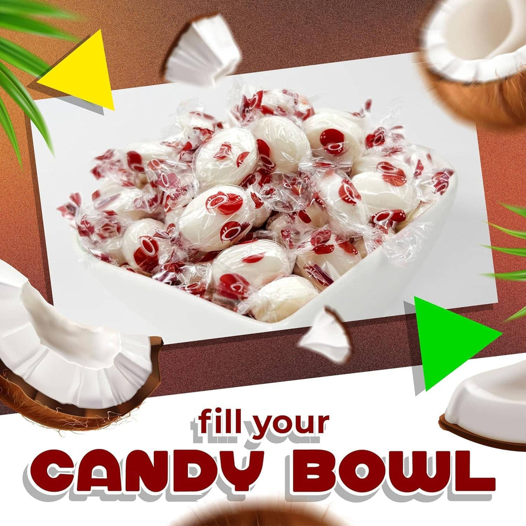 Coconut-filled hard candies in an open bowl with coconut shell pieces
