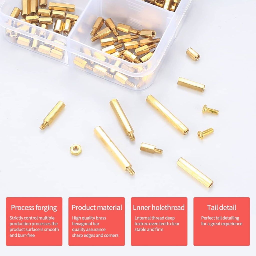 Brass M2 standoff spacers, screws, and nuts scattered beside a clear compartment box
