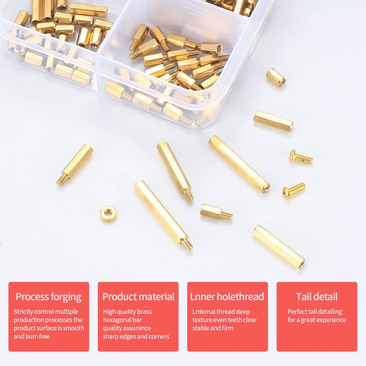 Brass M2 standoff spacers, screws, and nuts scattered beside a clear compartment box