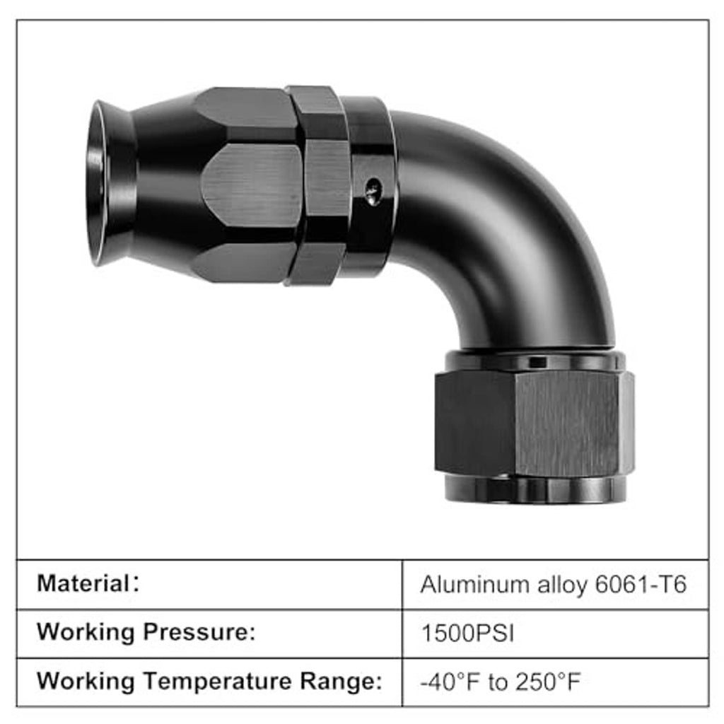 Black 6AN 90-degree aluminum hose end fitting with hex body and threaded elbow ports
