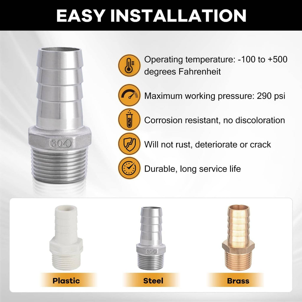 Stainless steel hose barb fitting with NPT threads and push-on barbed section