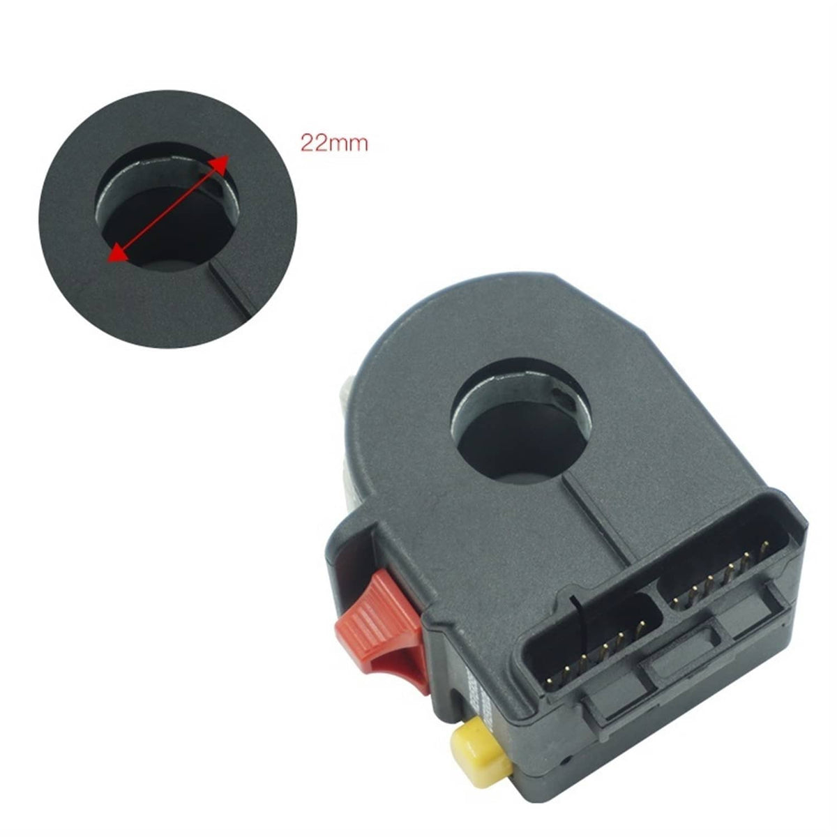 Left handlebar switch connector module with 22mm circular hole, gray body and colored clips