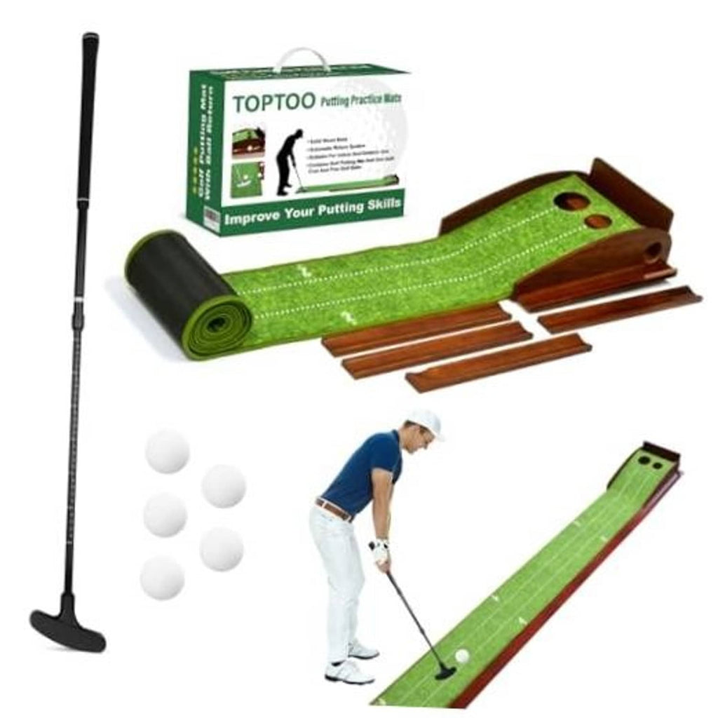 Golf putting practice mat set with rolled green mat, wooden rails, balls, and push rod