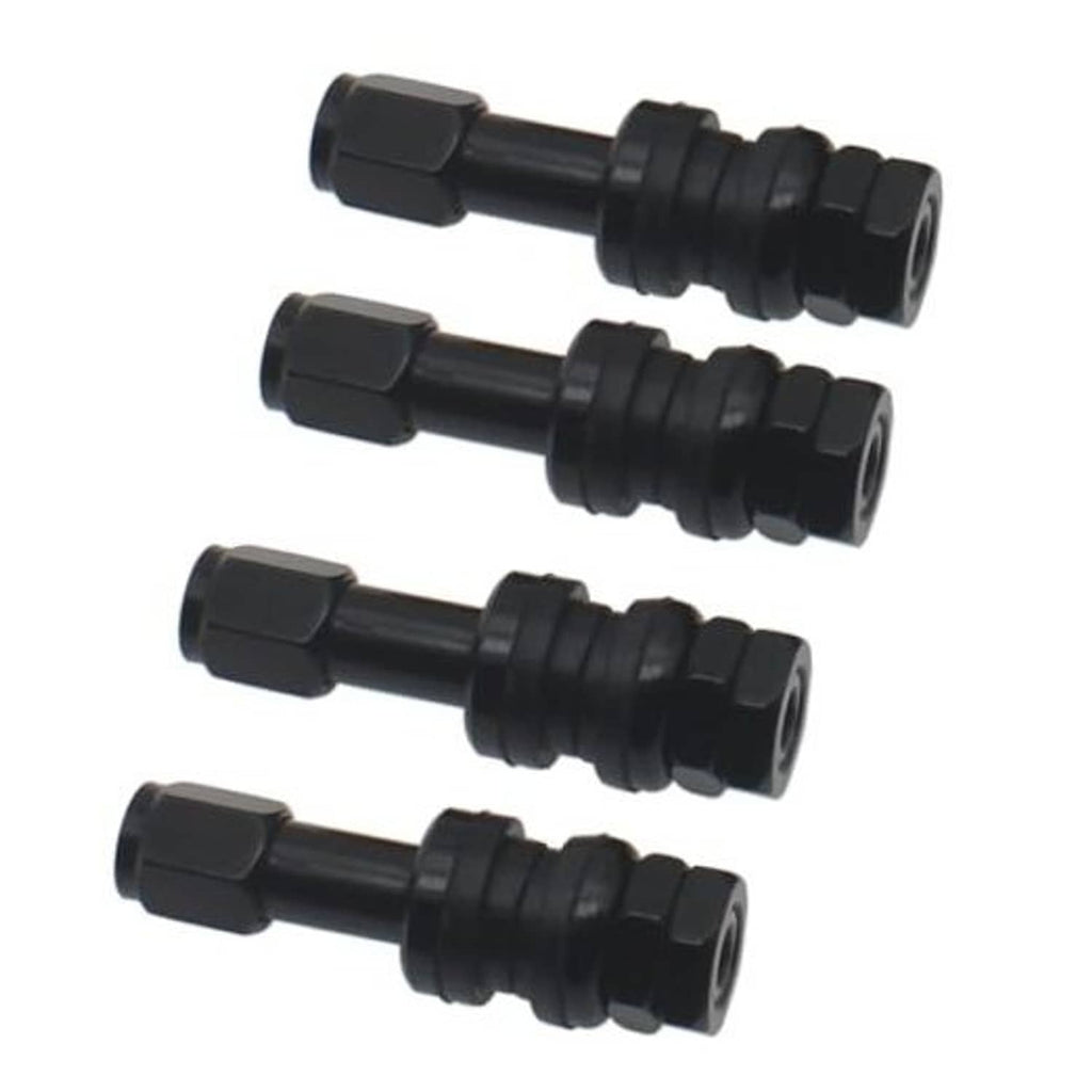 Black bolt-in tire valve stems with ribbed grip and hex head caps