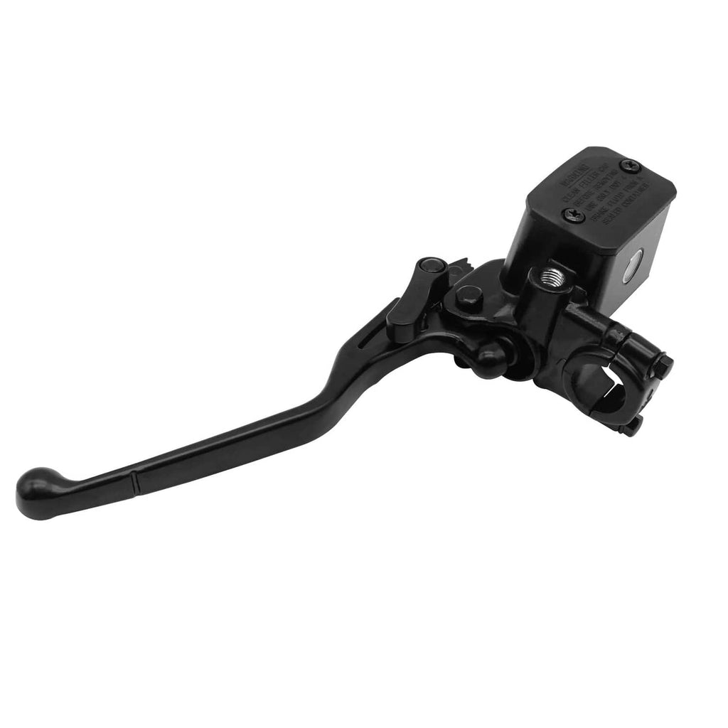 Front left brake master cylinder with black lever and reservoir, close side view