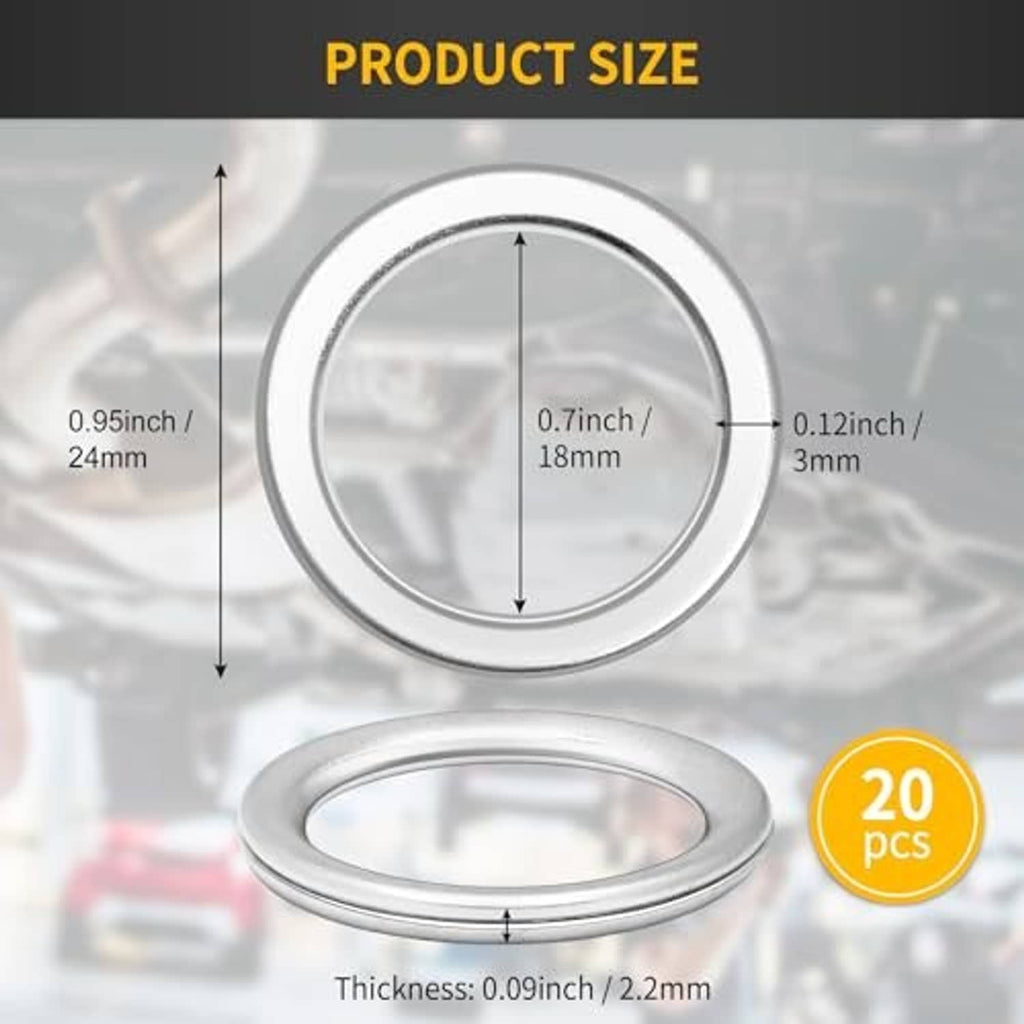 Silver metal crush washer ring displayed with size guide overlay.