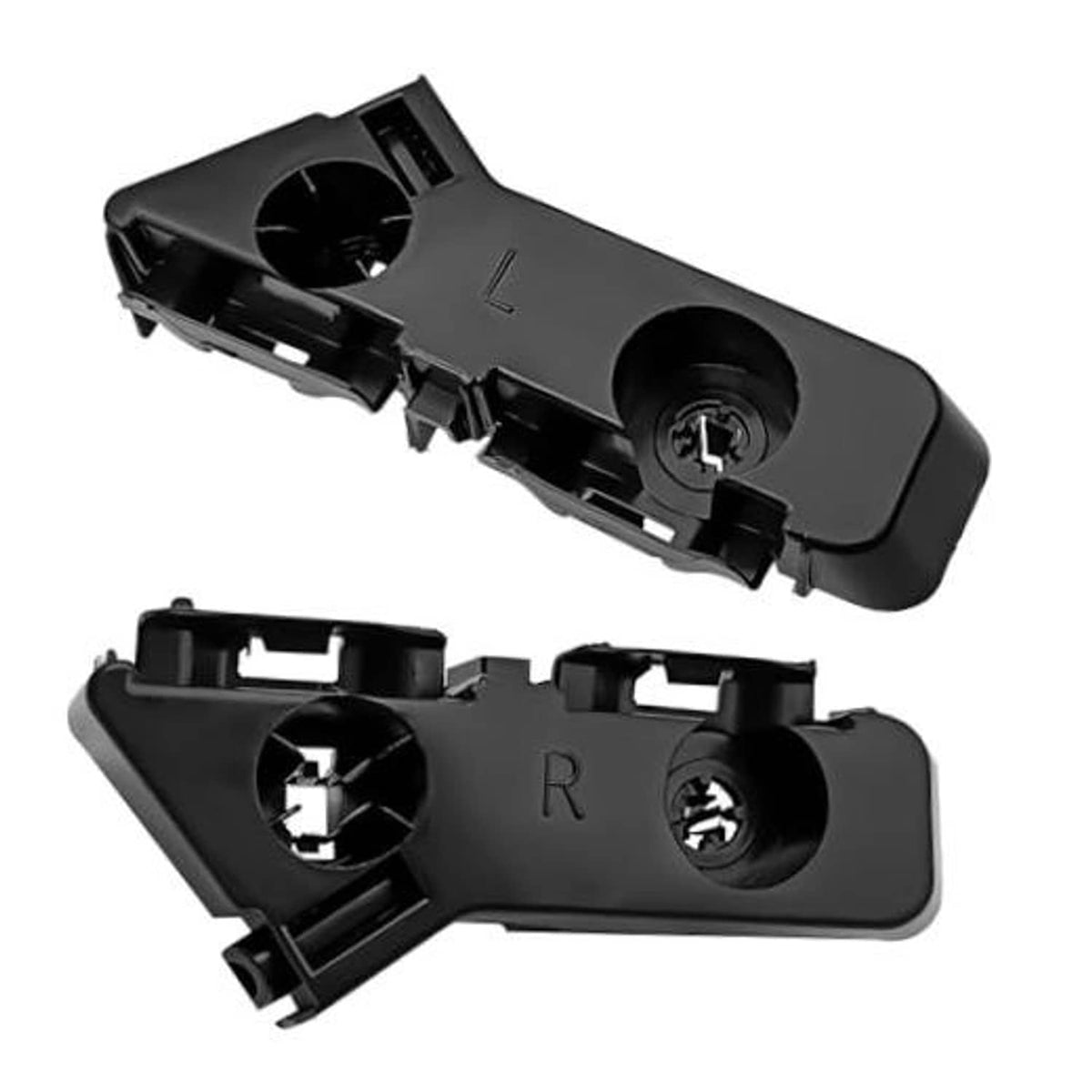 Black front bumper bracket set, left and right with mounting clips and screw holes.