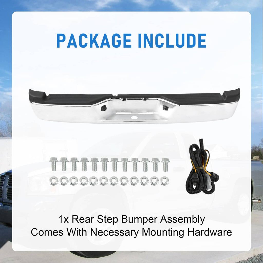 Rear step bumper assembly kit with chrome bumper, bolts, washers, and zip ties