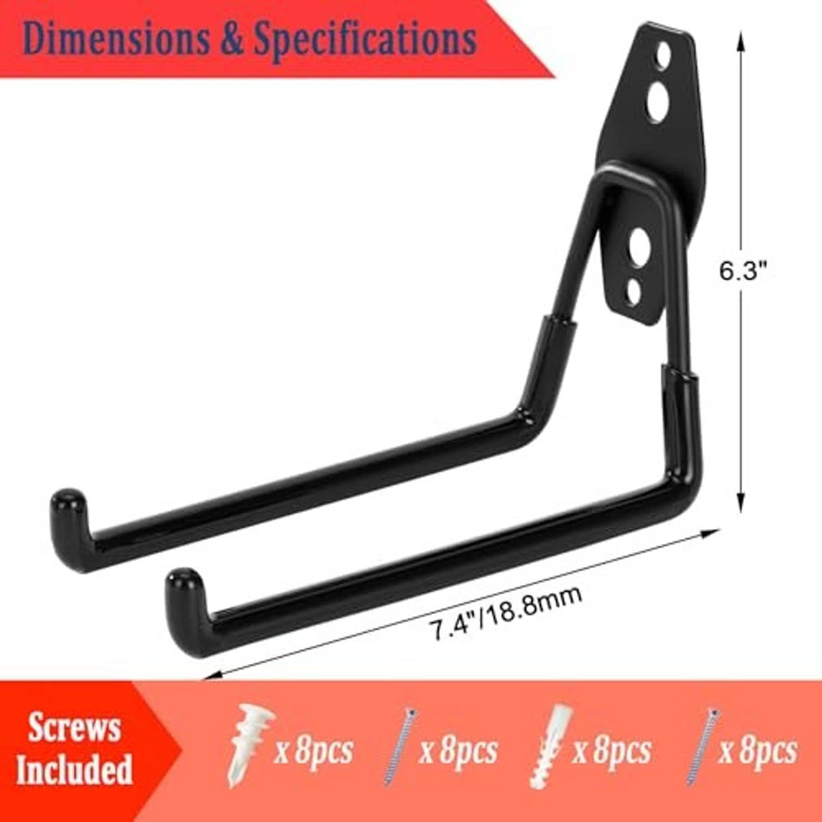 Black steel garage wall hook with two mounting plates and double-prong curved bar