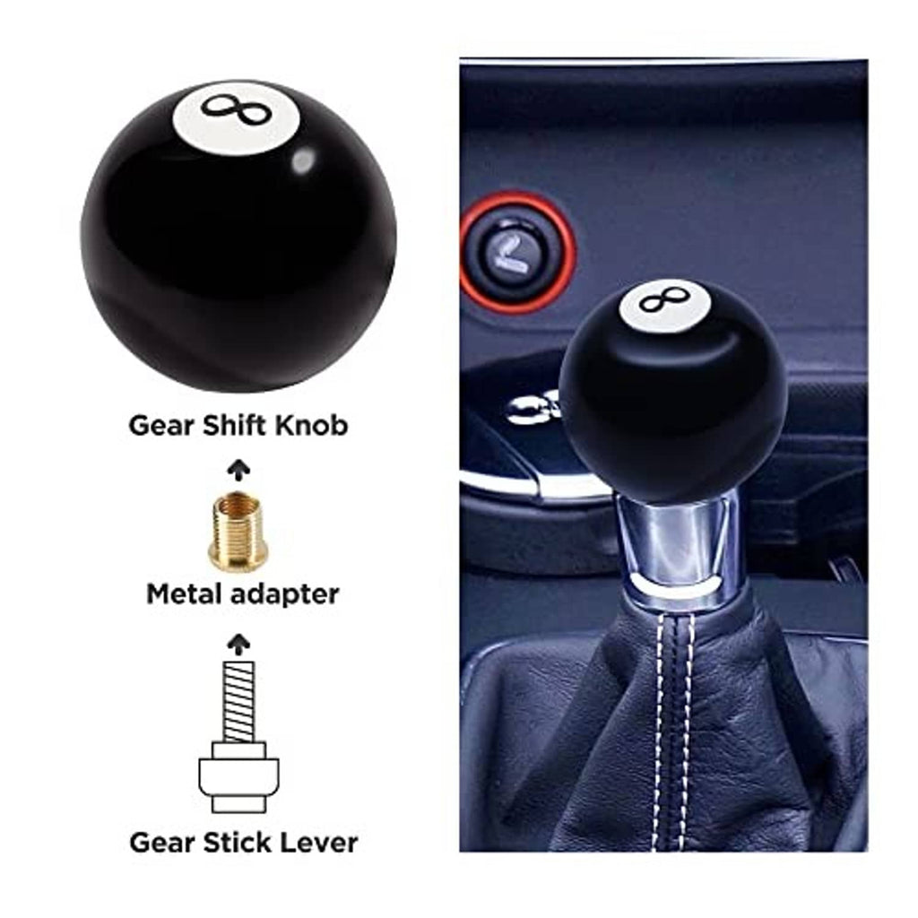 Black round shift knob with white 8 emblem and copper metal adapter for gear stick