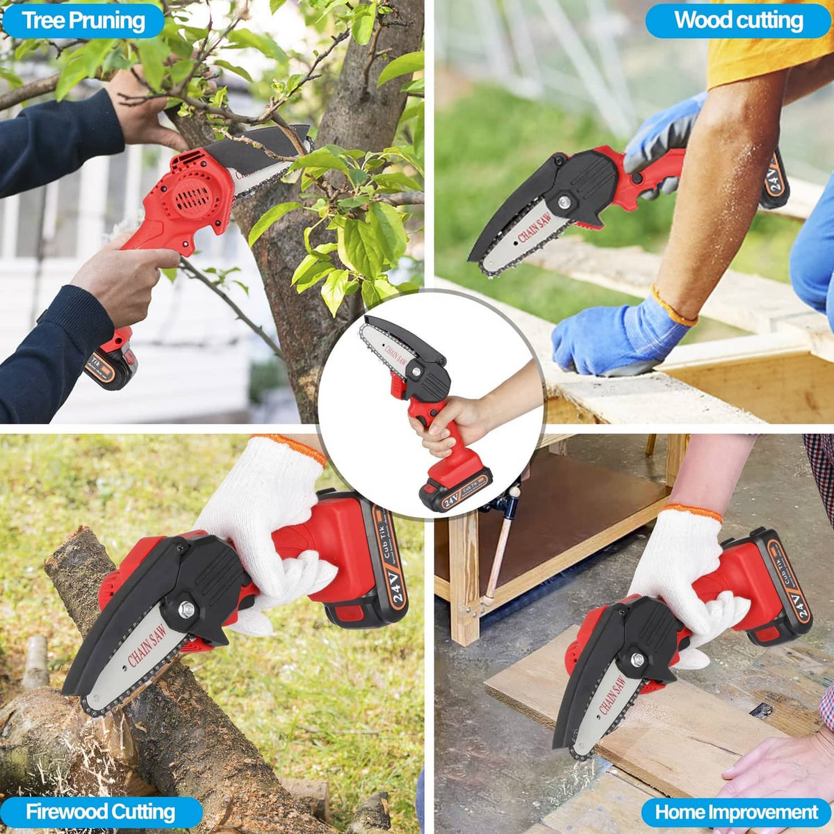 Mini cordless chainsaw for tree pruning and wood cutting with red and black body