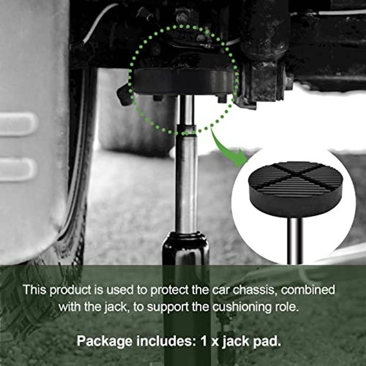 Black rubber jack pad cushioning under car near lift rod, circular cross-groove top