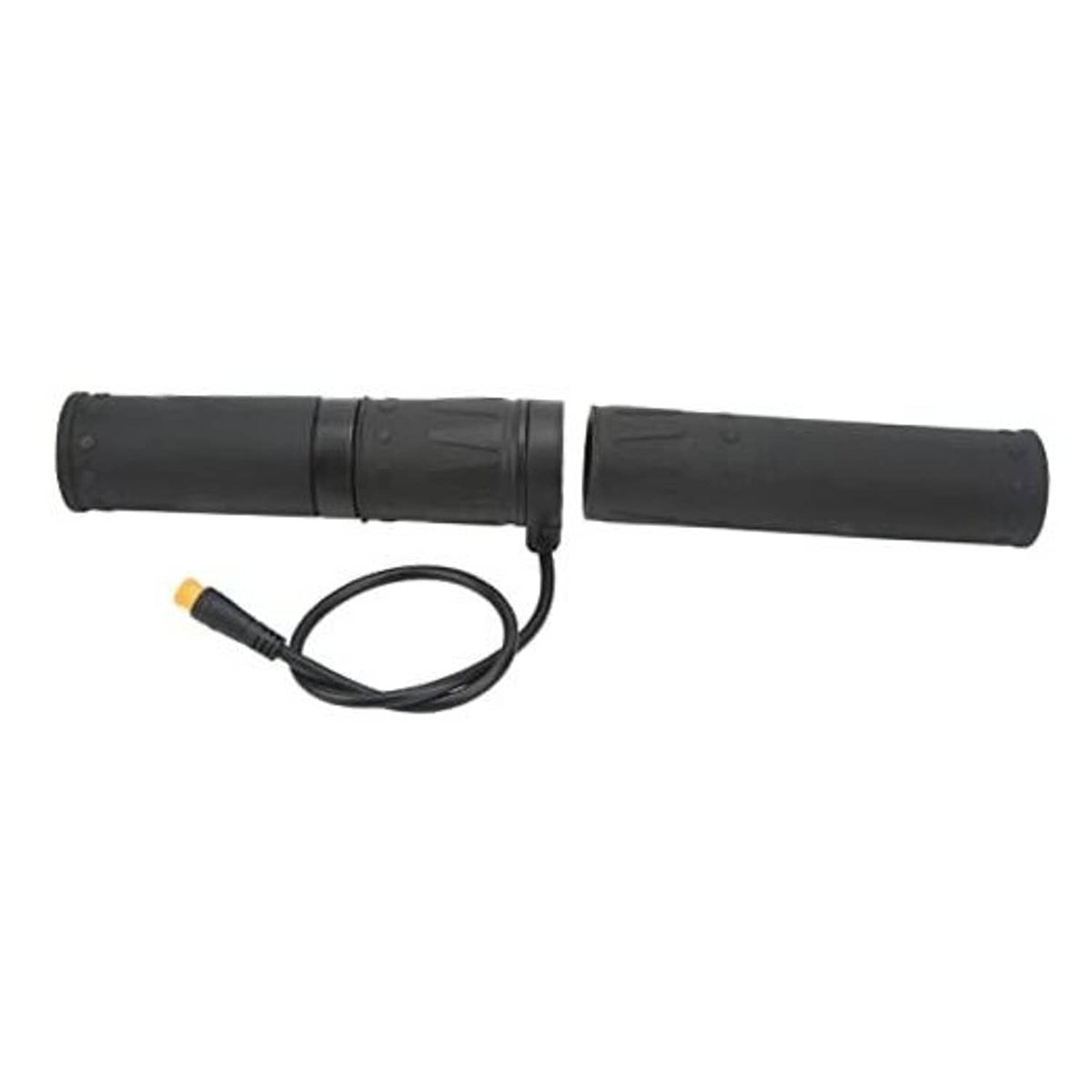 Motorcycle electric throttle grip set with split rubber joint and black rubber grips, with cable and orange tip