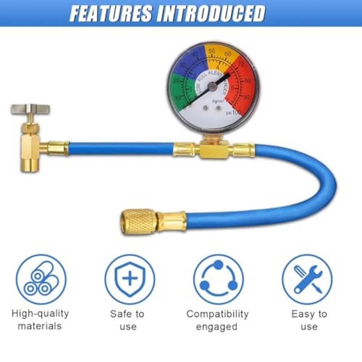 Car AC refrigerant hose kit with blue hoses and round pressure gauge