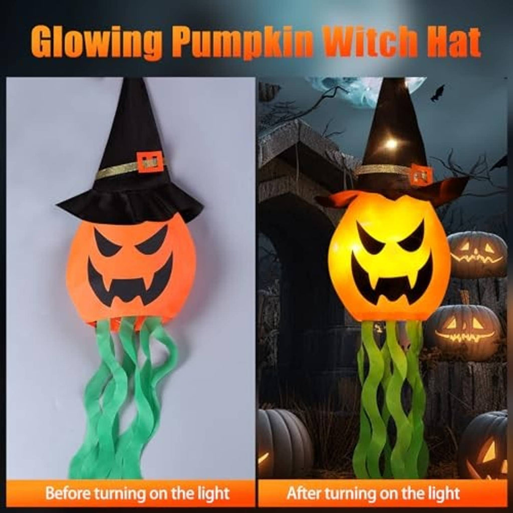 Jack-o’-lantern witch hat hanging light showing before and glowing after with green tentacles